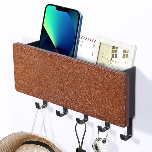 Uten Key Holder for Wall, Decorative Key Holder Wall mounting Made of Strong Iron, Key Board Without Drilling with 5 Hooks for Letter, Living Room, Bathroom, Garage – Brown(7.36”W x 3.93”H x 1.25”D)