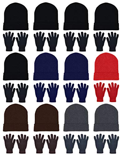 24x Winter Beanies & Gloves Combo Pack, Bulk Pack for Men Women, Warm Cozy Gift (Assorted #1)