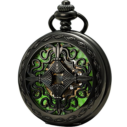 SEWOR Mens Luminous Dial Hand Wind Mechanical Pocket Watch with Brand Leather Gift Box (Stand Up Black) (Green)