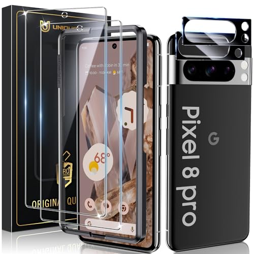 UniqueMe for Google Pixel 8 Pro Screen Protector, [Compatible Fingerprint Unlock] Military Grade Shatterproof 2pcs camera lens protector and 2pcs 9H tempered glass for pixel 8 pro easy installation