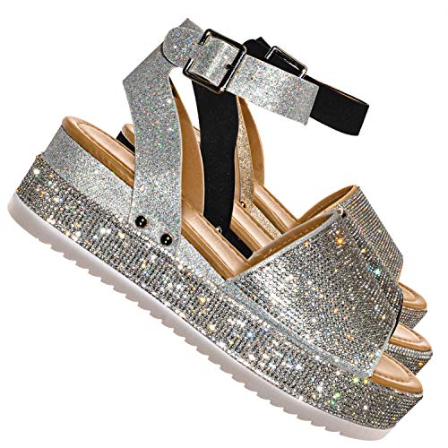 Aquapillar Rhinestone Glitter Flatform Sandal - Women Ankle Strap Crystal Platform