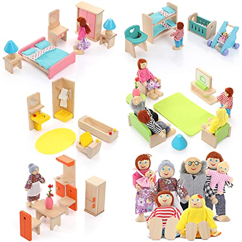 Wooden Dollhouse Furniture Doll House Furnishings with 8 Pieces Winning Doll Family Set, Dollhouse Accessories for Miniature Dollhouse, Family Figures Imaginative Play Toy (Cute Style)