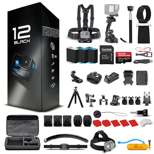 Go Pro HERO12 (Hero 12) Black - with 50 Piece Accessory Kit and 2 Extra Batteries + 64GB Card - Waterproof Action Camera - 5.3K HDR, 27MP Photos, 1/1.9' Sensor, Live Streaming, Webcam, Stabilization
