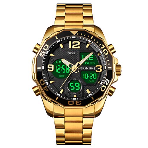 VIGOROSO Mens Multi Times Military Gold Watch for Men Chronograph Green Digital Analog Backlight Stainless Steel Sports Wrist Watch for Boys/Teens/Gents Waterproof (Gold)