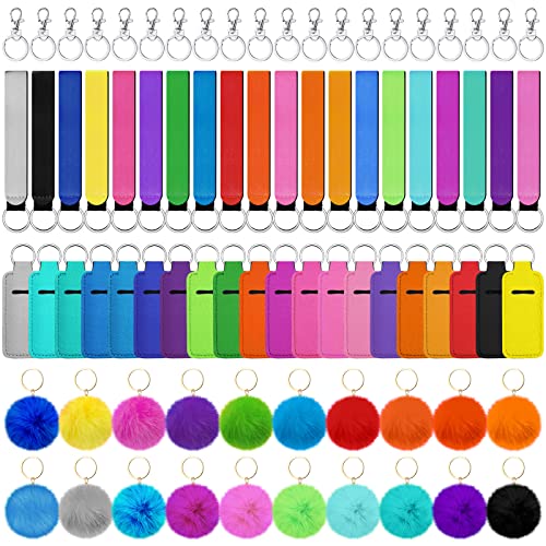 Tudomro 80 Pcs Keychain Lip Balm Holder Set Include 20 Lipstick Holder 20 Colorful Keychain Wristlet Lanyard 20 Fluffy Ball Pom Pom Accessory 20 Metal Keychains for Purse Handbag, 20 Colors