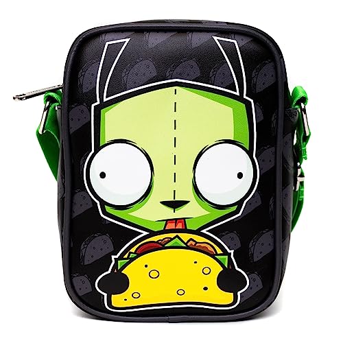 Nickelodeon Bag, Cross Body, Invader Zim GIR Taco Pose With Taco Print Black Gray, Vegan Leather