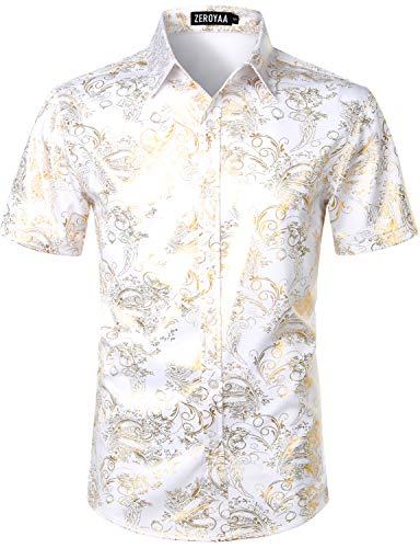 ZEROYAA Men's Luxury Paisley Shiny Stylish Slim Fit Short Sleeve Button Up Dress Shirt ZLCL23 White Gold XX-Large
