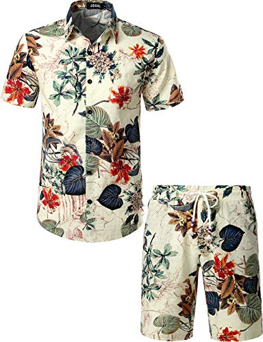 JOGAL Men's Flower Casual Button Down Short Sleeve Hawaiian Shirt Suits Large White