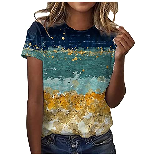 Shirts for Women Dressy Casual Summer Short Sleeve Tops Landscape Print Crewneck Tee Dressy Comfy Loose Tshirt Blouse