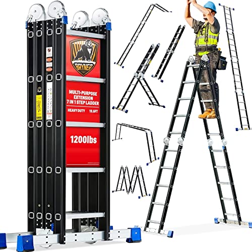 Bryner Folding Step Ladder, 19.6ft , 7 in 1 Multi-Purpose Folding Adjustable Telescoping Aluminium Extension Ladders, 530lbs