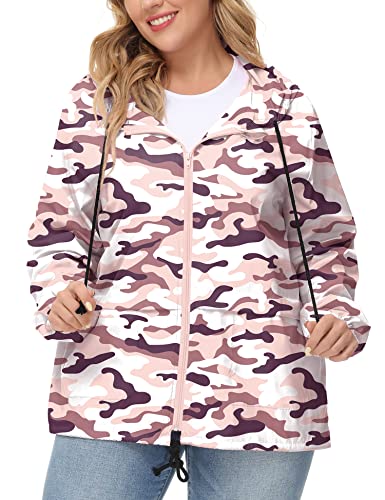 Avoogue Plus Packable Rain Jacket Ladies Waterproof Windbreaker Light Sports Jacket Hooded Rain Coat Camouflage Pink 3XL