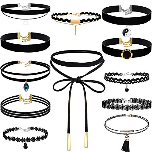 Choker Necklace for Women, Shynek 12 Pcs Black Choker Necklace Set Black Lace Tattoo Velvet Chokers for Women and Teen Girls