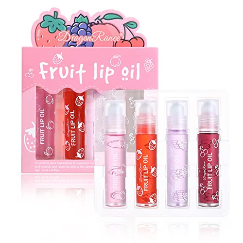 4Pcs Roll On Lip Oil Plumping Hydrating Lip Gloss Set Lip Balm Clear Transparent Brighten Moisturizing Long Lasting Lip Care Lip Gel Kit Makeup For Natural Shiny