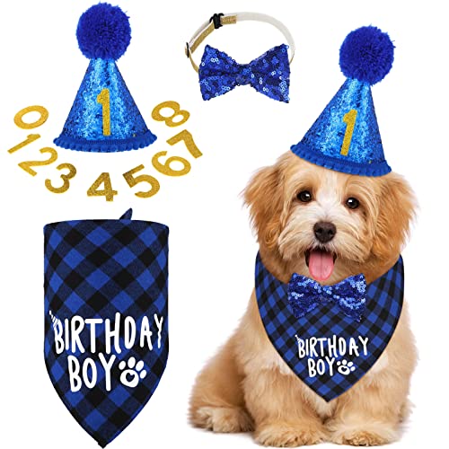 Weewooday Dog Birthday Party Supplies Birthday Boy Girl Cake Bandana Triangle Scarf Clothes Shirt Cute Dog Hat Dog Bow Tie Collar with 0-8 Numbers for Dog Puppy 1st Birthday (Elegant Style, Medium)
