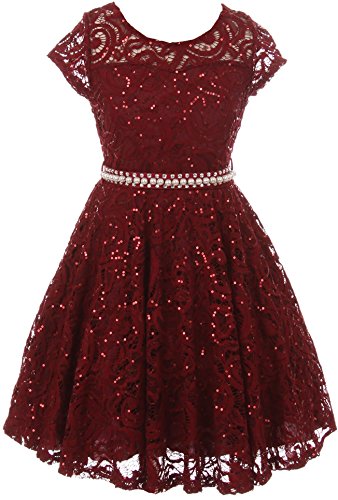 BNY Corner Big Girl Cap Sleeve Floral Lace Glitter Pearl Holiday Party Flower Girl Dress Burgundy 14 JKS 2102