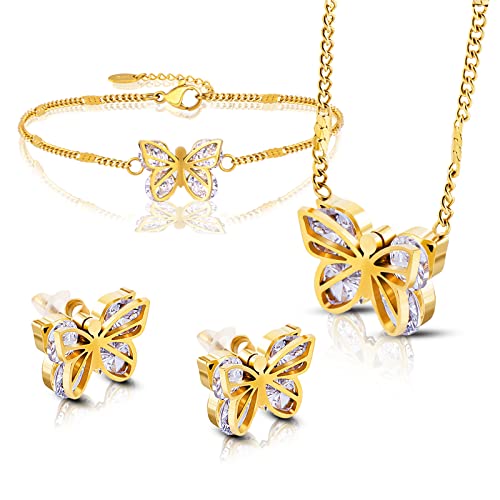 GUQILA Jewelry Sets for women, 18K Gold Inlaid Diamond Butterflies Pendant Necklace, Butterfly Bracelet, Butterfly Earrings, Charm Fashion Jewelry for Women and Girls, Valentine’s Day Gift