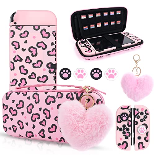 DLseego Pink Love Leopard Carrying Case for Switch OLED, Cute Silicone Protective Soft Cover with 4PCS Thumb Grip Caps and Pink Plush Heart Pendant Hard Storage Case Accessories Kit Bundle for Girls