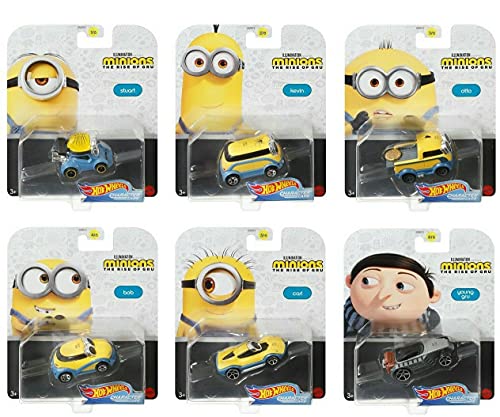 HW Character Cars Hot Wheels Character Cars Minions The Rise of Gru - Complete Set of All 6 1:64 Scale Diecast Vehicles