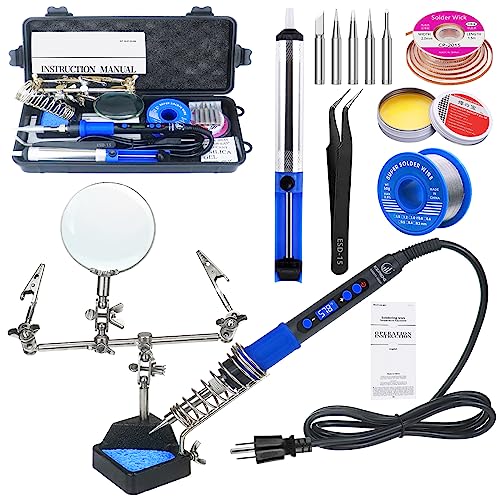 KEPIOG Soldering Iron Kit, High Power 100W Soldering Iron Fast Heating, Circuit Board Soldering Repair Tools with Magnifying Glass Soldering Helper, 12 in 1 Adjustable Digital Soldering Kit.
