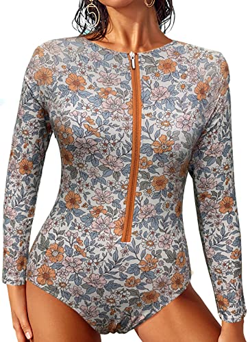 AgoKud One Piece Swimsuit Long Sleeve Swimsuit One Piece Swimsuit with High Neck Zip (XS) Orange