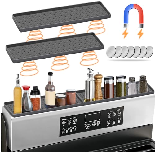 BFONS 30' Magnetic Stove Top Shelf Spice Rack Storage, Silicone Top Heat Material Stove Rack Shelf Flexible Seasoning Organizer Kitchen Shelves Gadgets with 2 Functional Prtitions for Kitchen （Grey）
