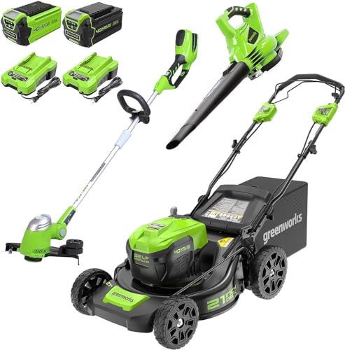 Greenworks 40V 21' Cordless Self-Propelled Lawn Mower,Leaf Blower/Vac,13' String Trimmer,Combo Kit w/ (1) 5Ah (1)2AH Battery, (2) 2A Chargers