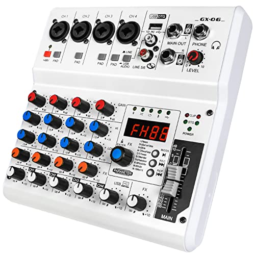6-Channel Audio Mixer with 99 Sound Effects for PC,Portable Sound Mixing Console with Bluetooth USB Recording Input for Live Streaming,Podcasting,DJ Show
