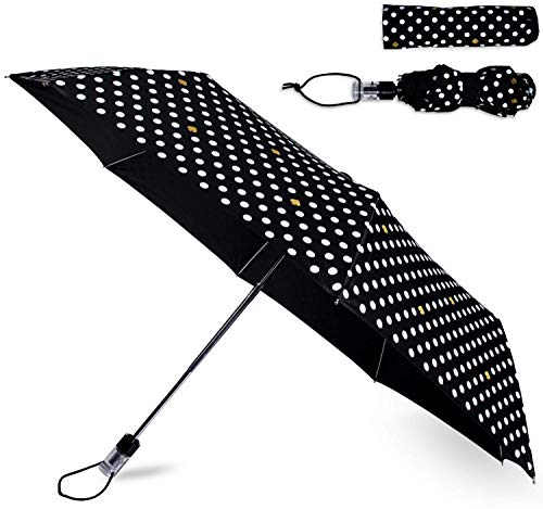 Kate Spade New York Black/White Travel Umbrella, Lightweight Compact Umbrella with Storage Sleeve, Polka Dots