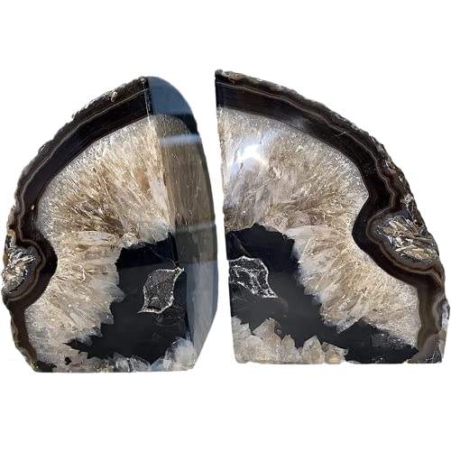 JIC Gem Black Agate Bookend(s) Bookends for Shelves to Hold Books geode bookends with Rubber Bumpers for Office and Home Decoration(1 Pair 2 to 3 Lbs)