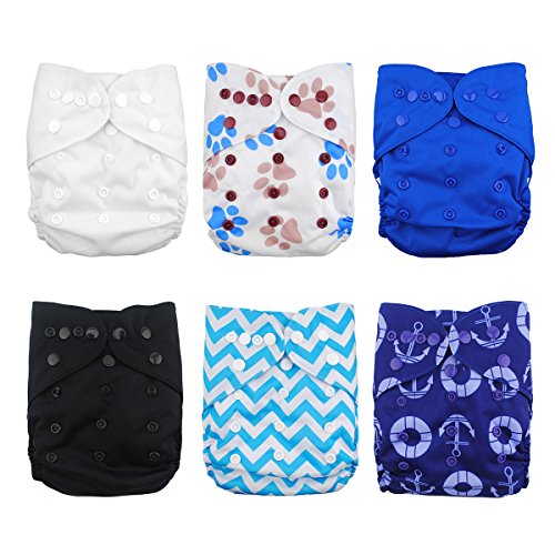 Babygoal Cloth Diaper Covers for Fitted Diapers and Prefolds with Double Gusset,Adjustable Reusable for Baby Boys, 6pcs Covers+One Wet Bag 6DCF02