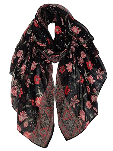 GERINLY Scarves for Women Vintage Florals Fashion Head Scarf Cotton Wraps and Shawls Beautiful Oblong Pareo (Black Red)