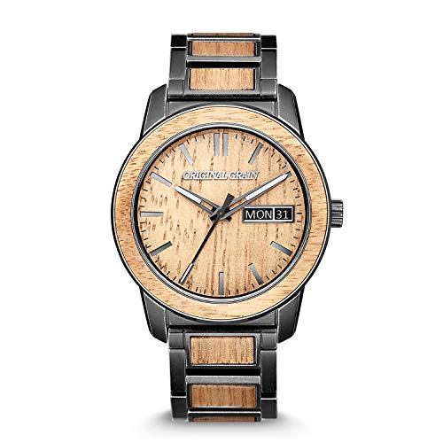 Original Grain Men's Hawaiian Koa Stonewashed 42mm Analog Watch | Barrel Collection, 316L Stainless Steel, Adjustable Watch Band | 5ATM Water-Resistant, Scratch-Resistant | Fashion Wrist Watch for Men