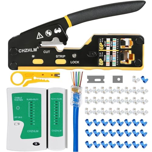 RJ45 Crimp Tool Kit Pass Through Crimper RJ45 Crimping Tool Stripper Cutter Crimper All-in-One for 8P RJ45 Cat5 Cat5e Cat6 Cat6a 6P RJ11/12 Telephone Connectors With Cable Tester 50PCS Connectors 50PC