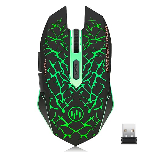TENMOS K6 Wireless Gaming Mouse, Rechargeable Silent LED Optical Computer Mice with USB Receiver, 3 Adjustable DPI Level and 6 Buttons, Auto Sleeping Compatible Laptop/PC/Notebook (Green Light)
