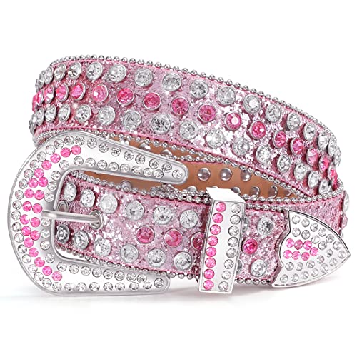 WERFORU Women Western Rhinestone Studded Leather Belt Cowgirl Bling Waist Belt for Jeans Dress, Pink,Fit Waist Size 27-31 Inches