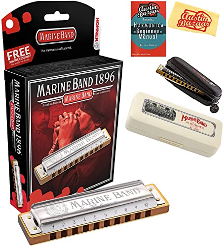 Hohner Marine Band 1896 Harmonica - Key of B Bundle with Zip Case, Instructional Book, and Austin Bazaar Polishing Cloth