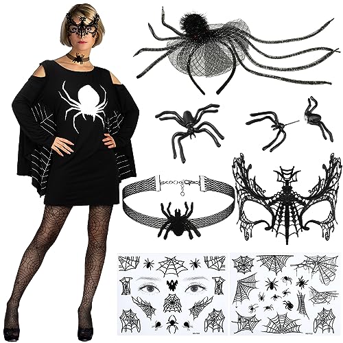 Bonuci 7 Pcs Spider Halloween Costumes for Women Plus Size Black Spider Web Dress Headband Accessories Cosplay Party (3X-Large)