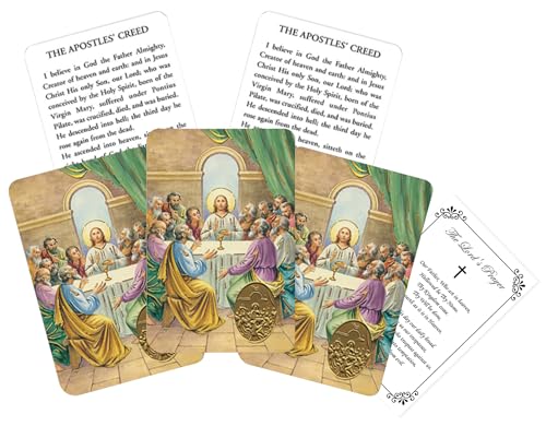 Apostles Creed Card - 5 Laminated Apostle Creed Prayer Card with Embossed Medal for Daily Praying, The Lord's Prayer Card - The Last Supper Apostles Creed Holy Card Catholic Set - Total 6 Items