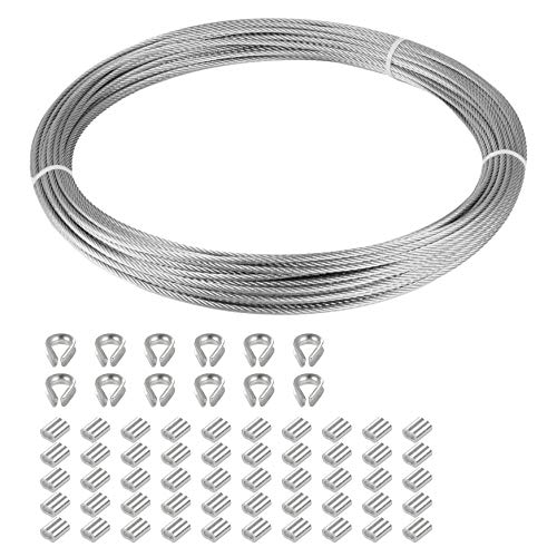 Eowpower 1/16 inch Stainless Steel 316 Aircraft Cable Wire Rope Marine Grade, 33FT Length 7x7 Strand Core with 50Pcs Aluminum Sleeves and 12Pcs Thimbles