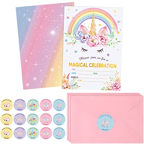 24 Pack Unicorn Birthday Invitation Unicorn Party Invitation Unicorn Invitation Card, 30 Rainbow Unicorn Sticker Labels, 24 Envelope Unicorn Party Supplies for Birthday (Flower Unicorn Style)