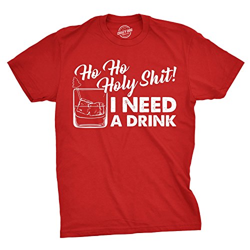 Mens Ho Ho Holy Shit I Need A Drink T Shirt Funny Santa Claus Christmas Tee Guys Funny Mens Shirts for Christmas Holiday with Drinks Red L