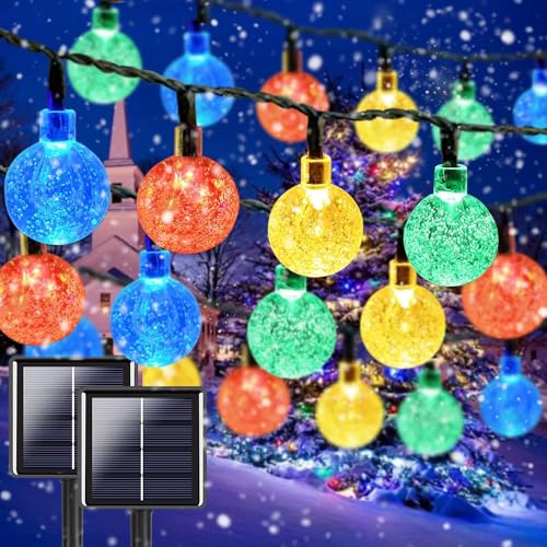Multicolor 2-Pack 100 LED 64FT Crystal Globe Solar Christmas Lights Outdoor, Waterproof Solar Lights Outdoor with 8 Lighting Modes, Solar Christmas Tree Lights for Christmas Decorations (Multicolor)