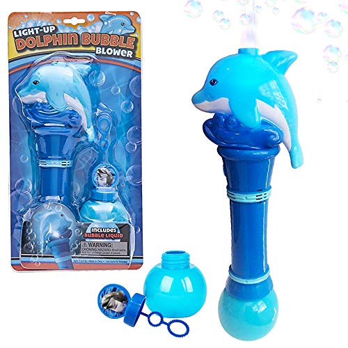 The Dreidel Company Dolphin Bubble Blaster Light-Up Wand, Includes Bottle of Bubble Solution Refill, Party Favors, Batteries Included, 11.5' Inch
