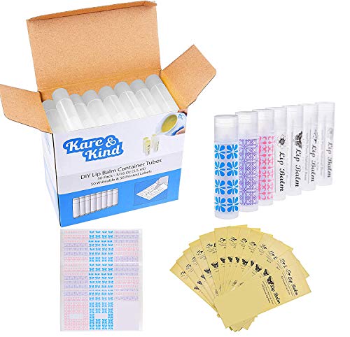 Lip Balm Container Tubes - 50-Pack - DIY - Translucent - 3/16 Oz (5.5 ml) - Including 50 Writeable & 50 Printed Lip Balm Stickers - Twist Mechanism and a Cap - Empty - Make Natural Lip Balm