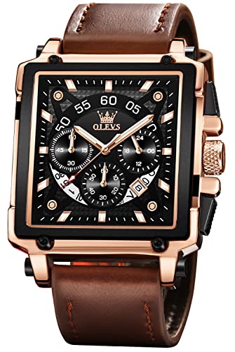 OLEVS Square Watches for Men Brown Leather Chronograph Fashion Business Watch Luminous Waterproof Casual Wrist Watches