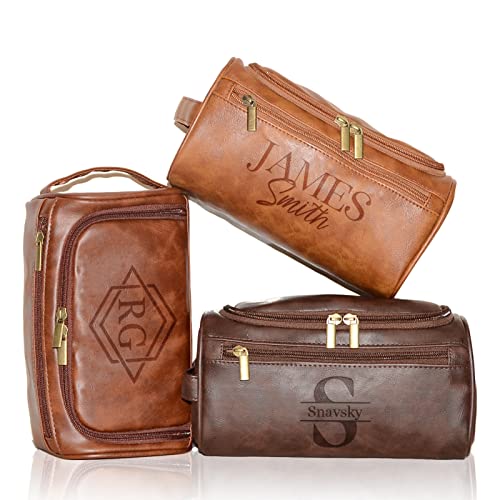 Personalized Leather Toiletry Bag for Men, Engrave Your Name Initials, Customized Travel Shaving Dopp Kit Bag for Groomsmen Best Man, Gift for Father's Day, Wedding, Birthday, Husband, Grandpa, Lover
