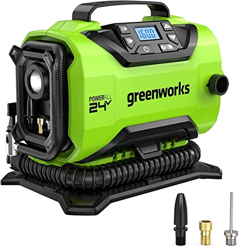 Greenworks 24V Cordless Tire Inflator, 160 PSI Portable Air Compressor ,2 Power Sources, Auto Shut Off, for Car, Bicycle, Motorcycle, Air Boat, Inflatables , Tool-Only