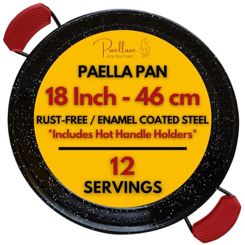 Paelluxe 18 Inch Paella Pan 12 Servings - Enamelled No Rust Easy to Clean Steel Pan Propane - Gas Burners for Cooking - Indoor & Outdoor Cooking Skillet - Cacerola Paellera Sarten - Mother's Day Gifts