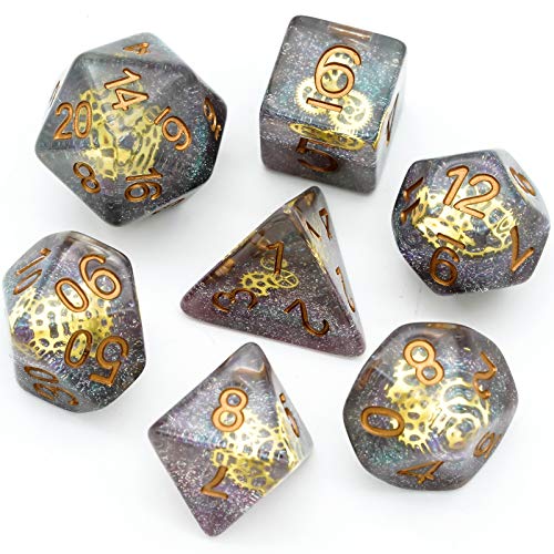 Cusdie DND Dice Set Filled with Gears Polyhedral Dice Sets for Dungeons and Dragons Playing DND Dice (Galaxy w/Golden Gears)
