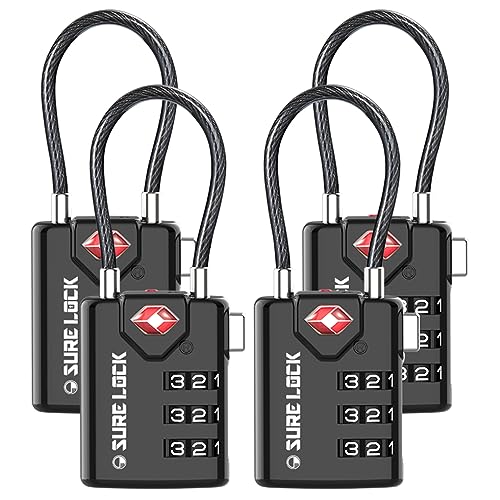 SURE LOCK TSA Compatible Travel Luggage Locks, Inspection Indicator, Easy Read Dials TSA Approved with Zinc Alloy Black 4 Pack